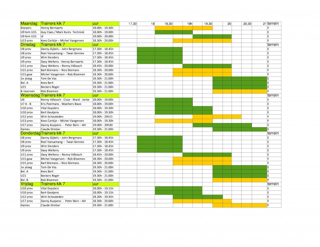 trainingstijden en veldverdeling 2017 - 2018
